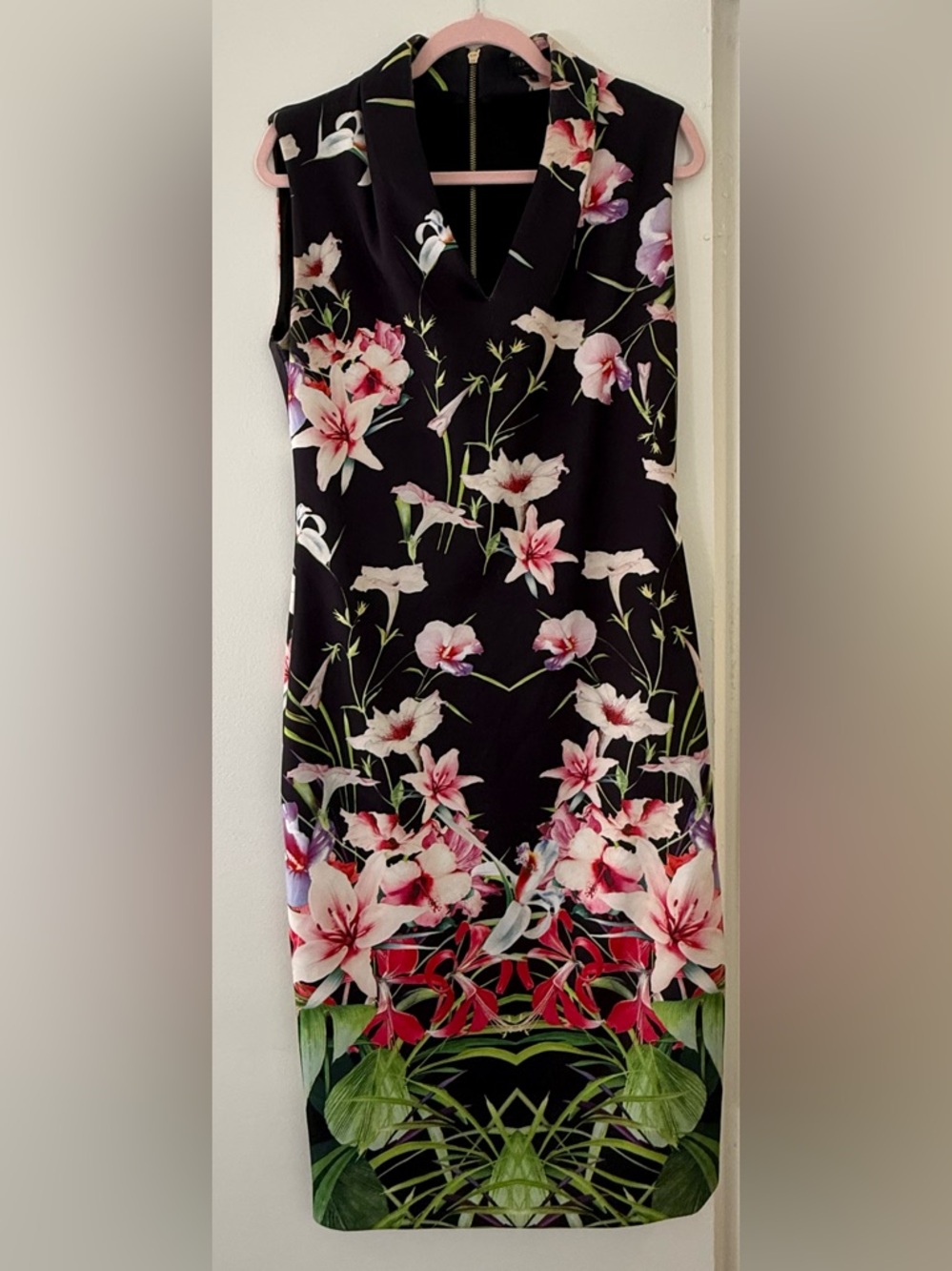 Ted Baker Black Floral Print Dress with Purple & Pink Blooms